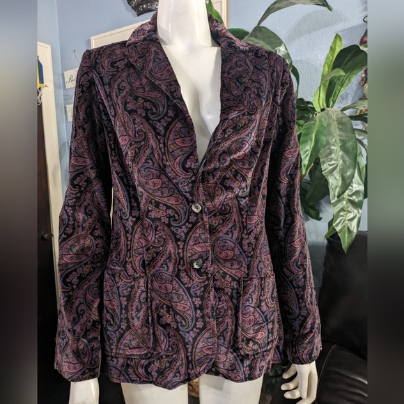 Vintage The Towner Velvet Paisley Print Fully Lined Slim Fit Blazer Jacket 7/8 - Picture 2 of 12